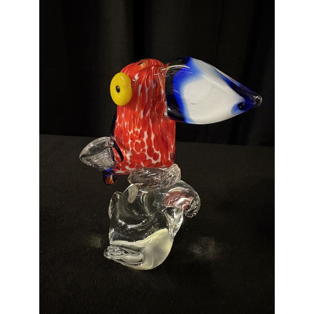Midcentury Vintage Exotic Bird Toucan Murano Style Art Glass Sculpture 7in